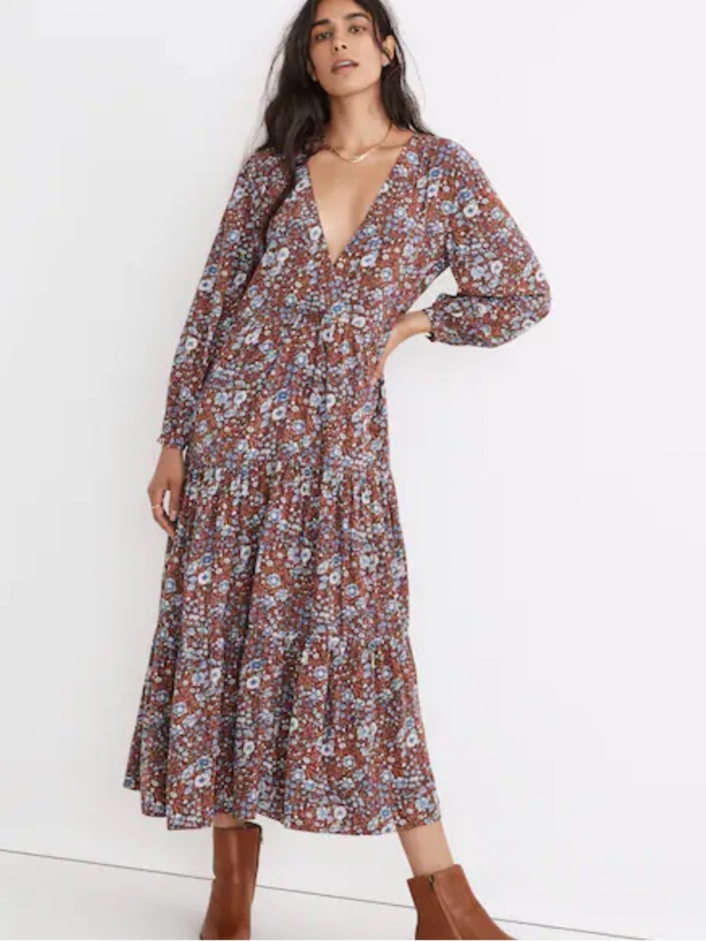 Madewell Challis Wrap Midi Dress in Woodland Floral dark merlot M NH051